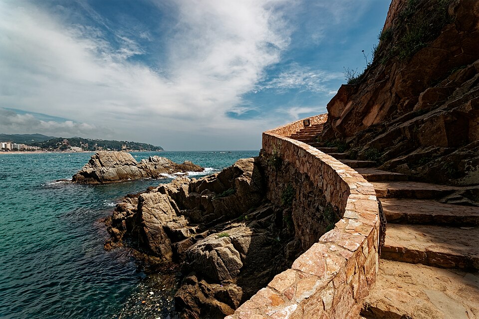 Lloret de Mar - Coastal 'Camí de Ronda' Footpath leading to Dona Marinera Monument 1966 - Panorama View on Beach of Lloret de Mar & Mediterranean Sea Costa Brava Coast.